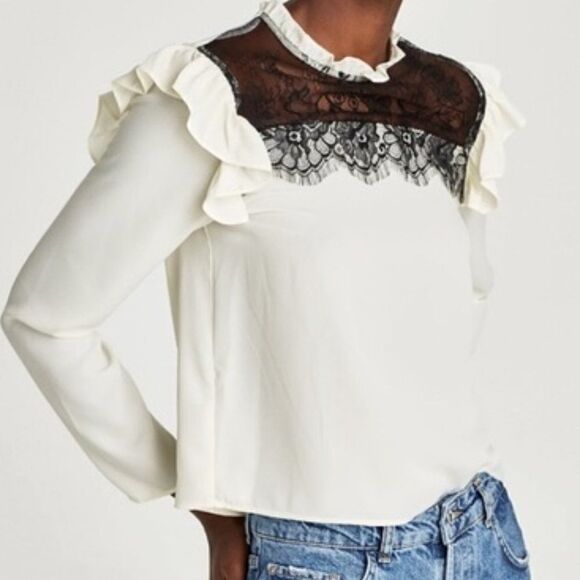 𝅺*nwt* Zara Contrast Blouse lace ruffle sleeve - Picture 1 of 10